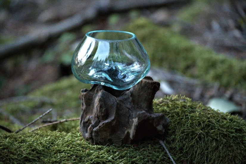 Tavené sklo na dřevě - váza, svícen, mísa - Výška: 11 cm